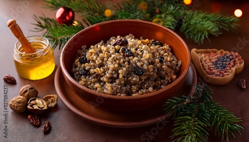 A bowl of Ukrainian Christmas dish 'kutya' made from boiled wheat, honey, poppy seeds, and raisins. photo