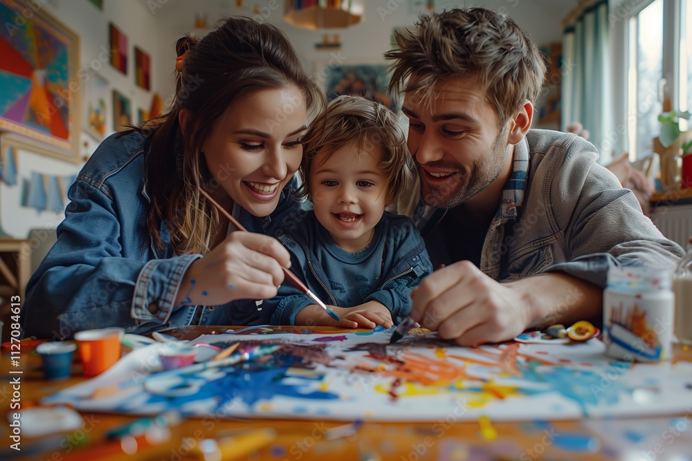 A happy family enjoying painting together in a colorful creative space. A happy family enjoying painting together in a colorful creative space.