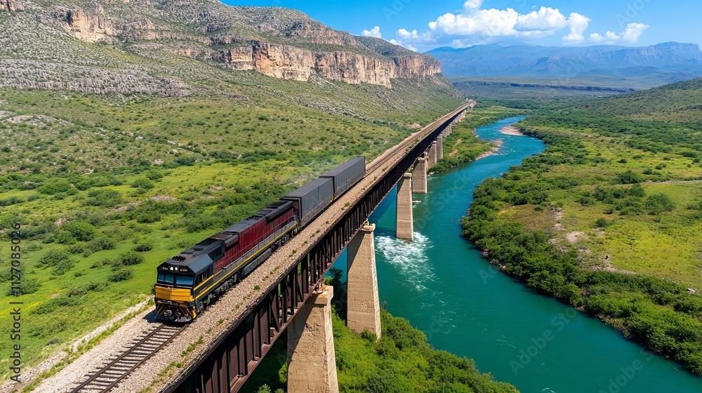 Naklejka premium A powerful train crosses a bridge over a vibrant river surrounded by lush green hills under a bright blue sky.