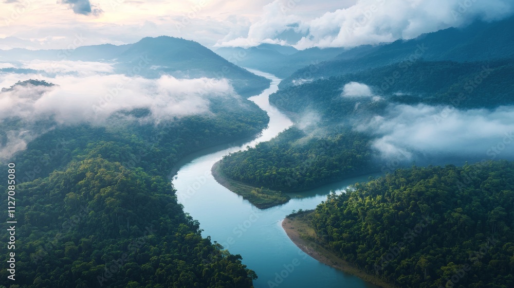 Aerial View of Lush Amazon Rainforest and Winding River Landscape Aerial View of Lush Amazon Rainforest and Winding River Landscape