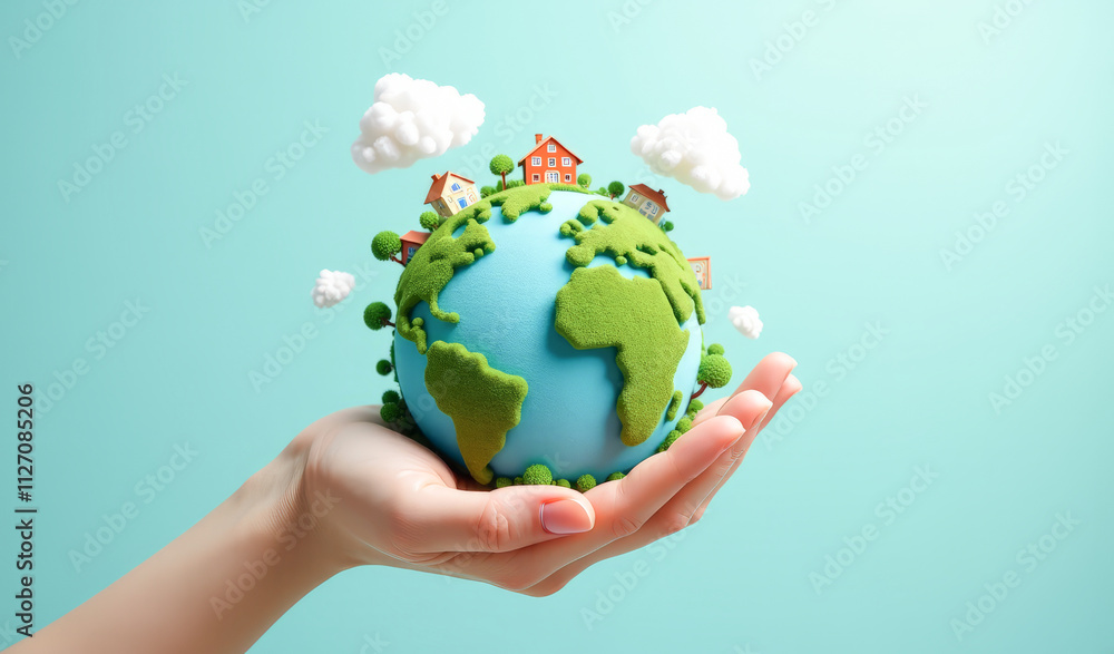 the blue-green planet Earth with houses and trees in its hands against the background of a blue sky with clouds, the concept of environmental protection and peace the blue-green planet Earth with houses and trees in its hands against the background of a blue sky with clouds, the concept of environmental protection and peace