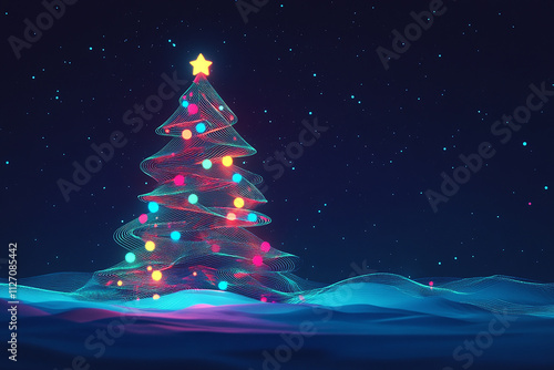 Glowing Christmas Tree of Lines and Dots with a Starry Night Background