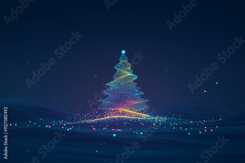 Glowing Christmas Tree of Lines and Dots with a Starry Night Background