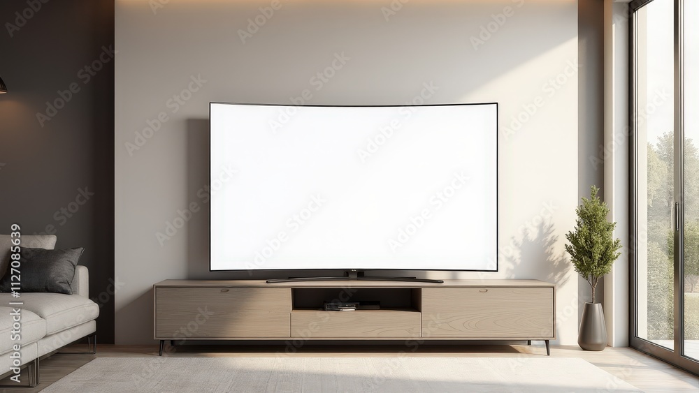 Sleek curved TV mockup on a stylish entertainment unit, featuring a blank screen and surrounded by neutral tones and soft ambient light. Sleek curved TV mockup on a stylish entertainment unit, featuring a blank screen and surrounded by neutral tones and soft ambient light.