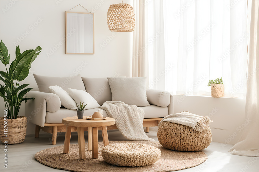 Clean, airy Scandinavian living room with a soft color palette, natural wood furniture, and cozy layered textiles Clean, airy Scandinavian living room with a soft color palette, natural wood furniture, and cozy layered textiles