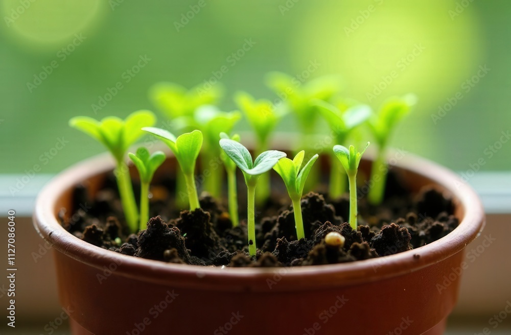 A collection of several small plants thriving and growing out of a pot A collection of several small plants thriving and growing out of a pot