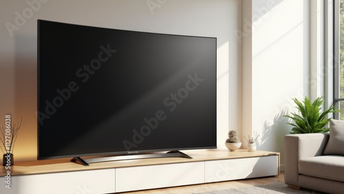 Minimalist curved TV mockup featuring a blank screen and thin profile, set in a neutral living room with elegant decor and soft reflections.