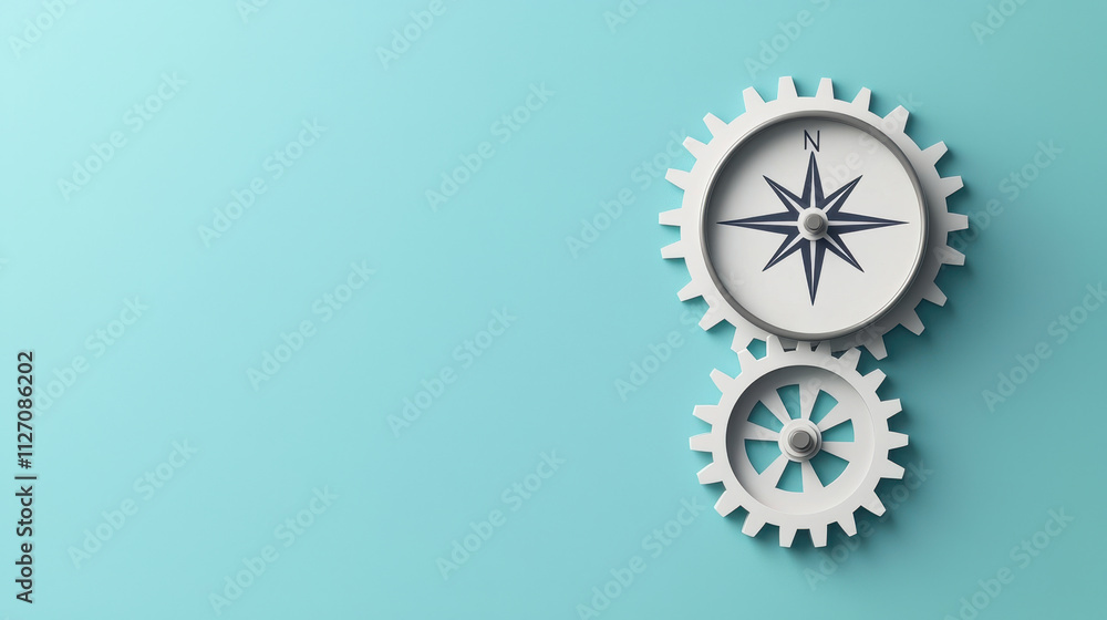 Inspiring change and personal growth concept. Gears with a compass symbol on a teal background Inspiring change and personal growth concept. Gears with a compass symbol on a teal background