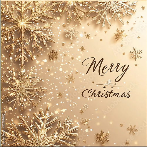 Merry Christmas Greeting Card with Snowflakes and Golden Decorations