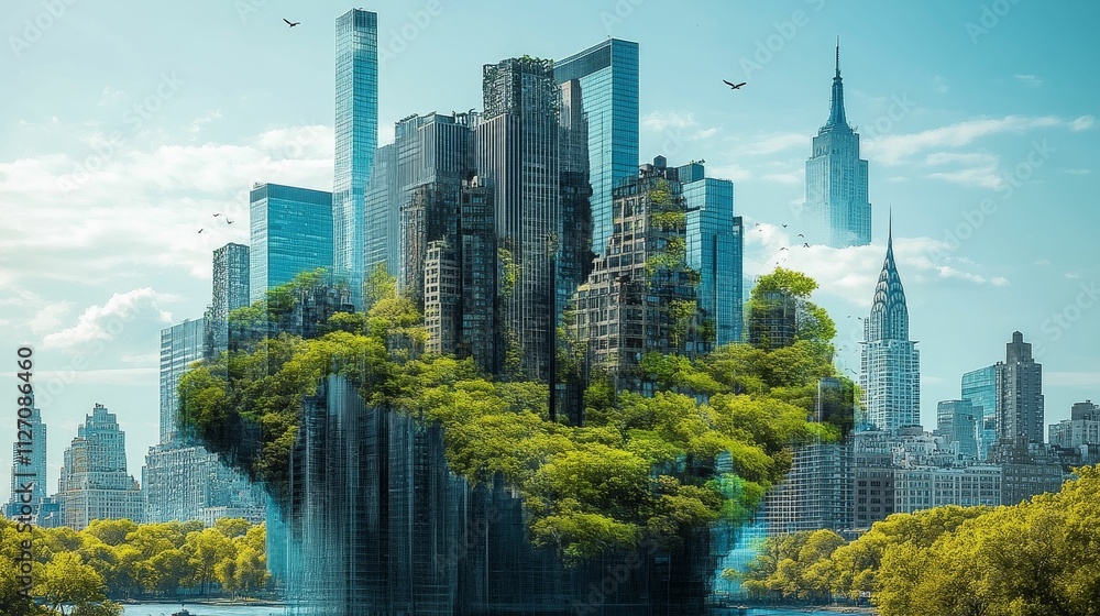 City skyscrapers intertwined with lush green trees. City skyscrapers intertwined with lush green trees.