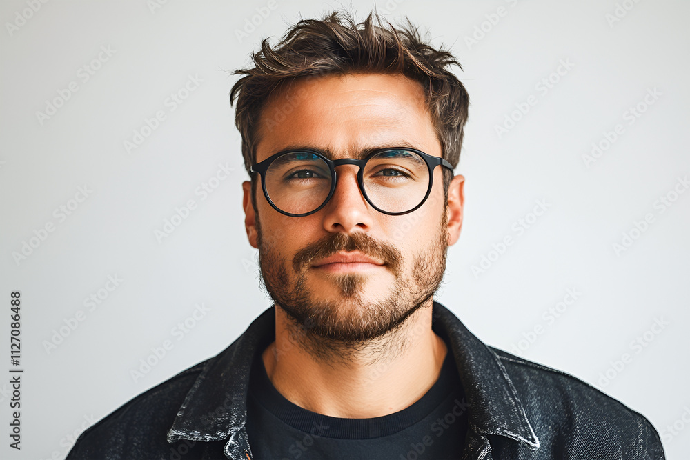 People, emotions. A mature man with a beard and wavy hair, wearing glasses, looks ahead laughing. Portrait on a light gray studio background. People, emotions. A mature man with a beard and wavy hair, wearing glasses, looks ahead laughing. Portrait on a light gray studio background.