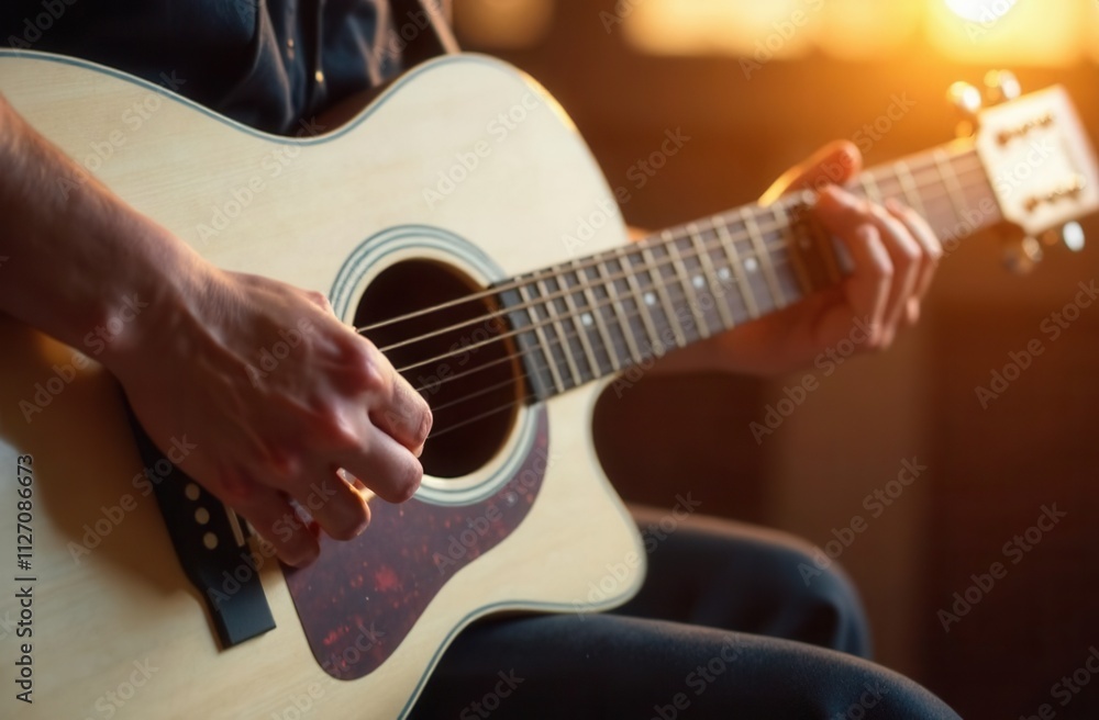 Fototapeta premium a detailed close up view of someone playing an acoustic guitar
