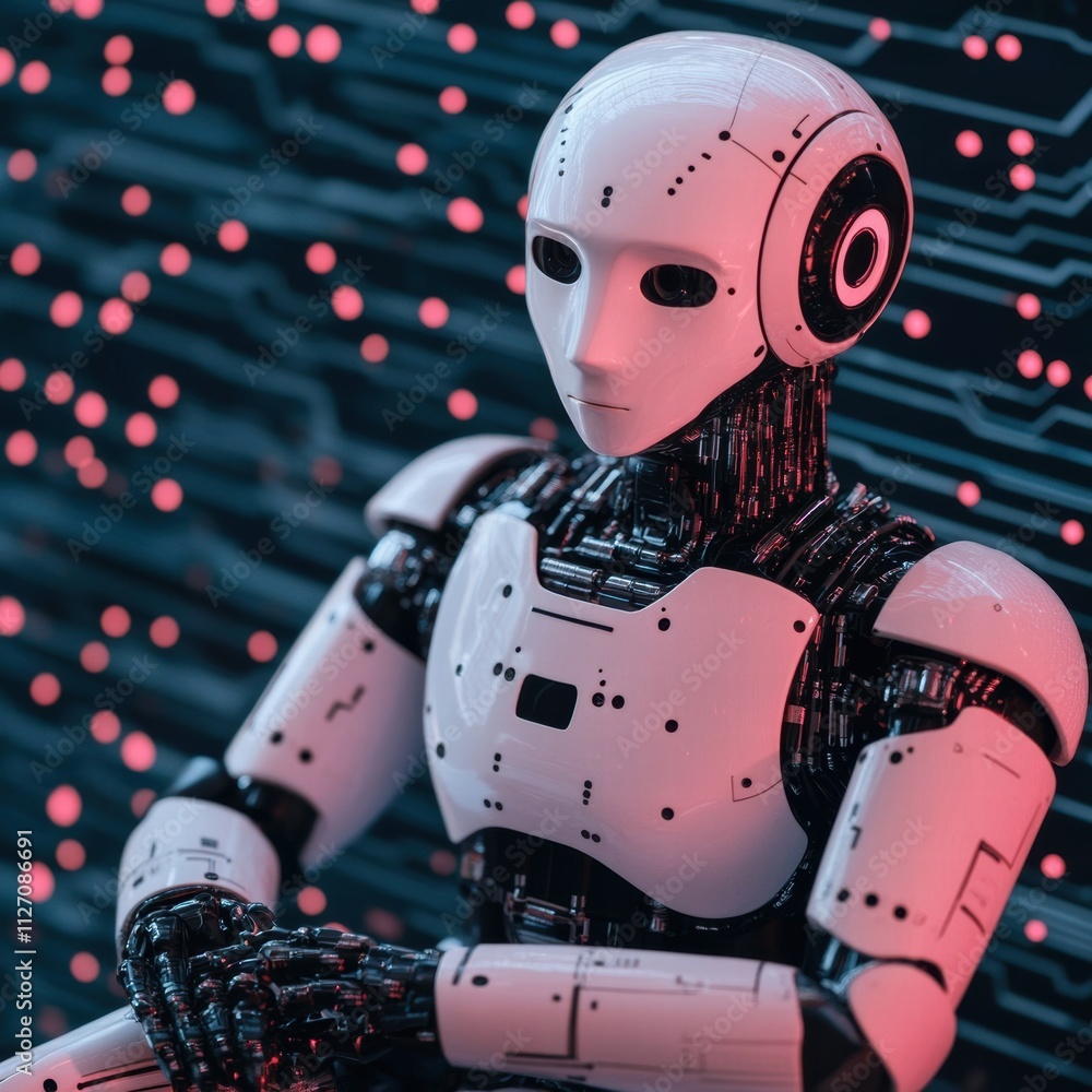 A sleek humanoid robot with white armor and intricate circuits sits in a futuristic setting with glowing red digital lights. A sleek humanoid robot with white armor and intricate circuits sits in a futuristic setting with glowing red digital lights.
