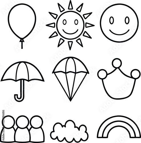 Happy Icons Sun, Smiles, Clouds, Rainbows, and More
