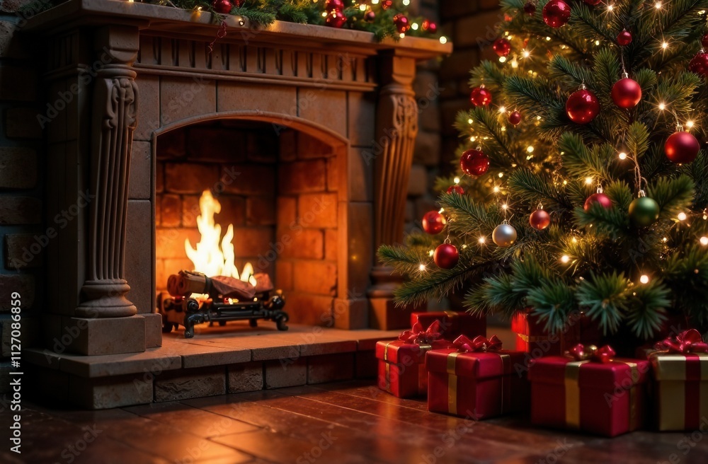 fireplace with christmas decorations, gifts and christmas tree fireplace with christmas decorations, gifts and christmas tree