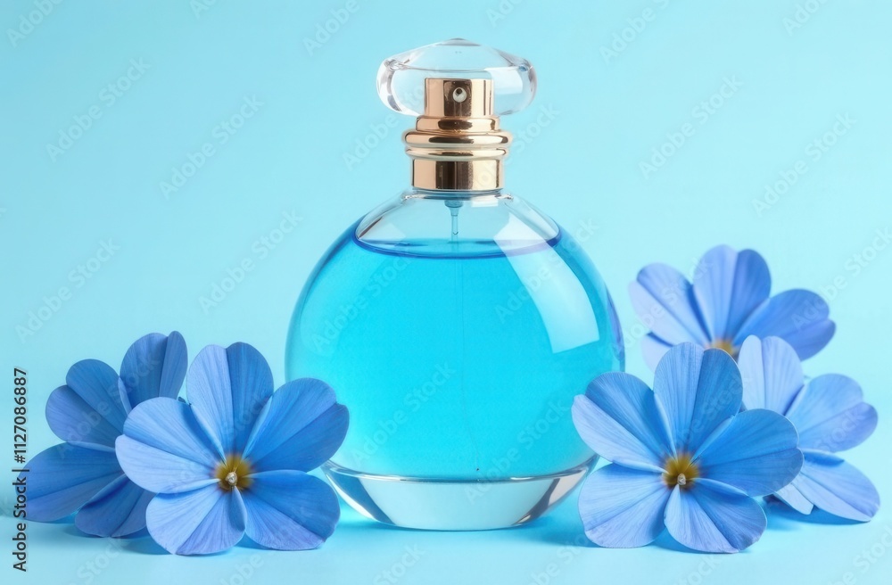 A blue perfume bottle surrounded by bllue flowers on blue background A blue perfume bottle surrounded by bllue flowers on blue background