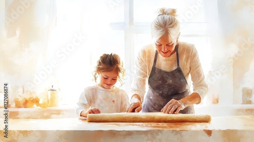 Soft Watercolor Illustration of a Grandmother and Granddaughter Cooking Together in a Bright Kitchen