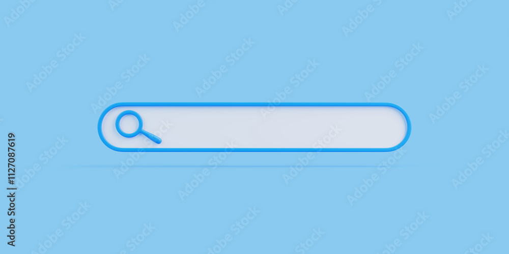 White search bar with a blue magnifying glass icon on a solid blue background, symbolizing online search and browsing. 3D render illustration White search bar with a blue magnifying glass icon on a solid blue background, symbolizing online search and browsing. 3D render illustration