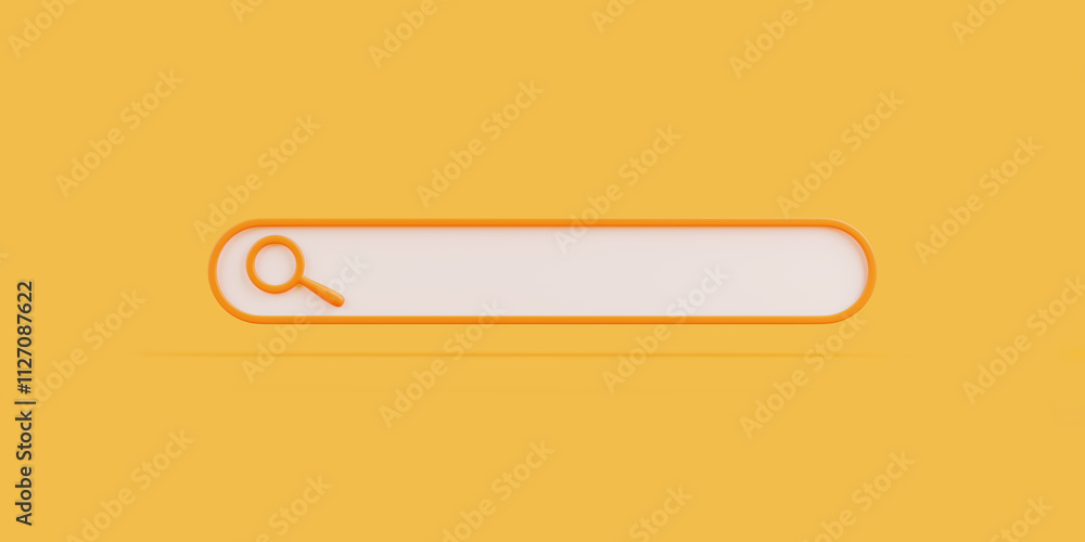 Clean and modern search bar design with an orange magnifying glass and outline, set against a solid yellow background, symbolizing online search. 3D render illustration