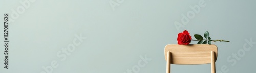 Always loved and remembered. Elegant chair with a single red rose on a minimalist background.