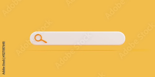 Clean and modern search bar design with an orange magnifying glass and outline, set against a solid yellow background, symbolizing online search. 3D render illustration