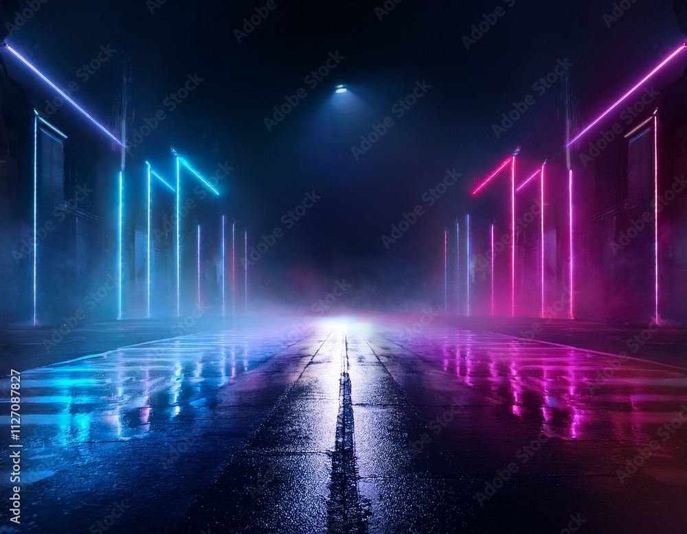 Dark, abstract background of a wet street, neon lights, smoky atmosphere, and a futuristic performance stage feel.
Dark, abstract background of a wet street, neon lights, smoky atmosphere, and a futuristic performance stage feel.