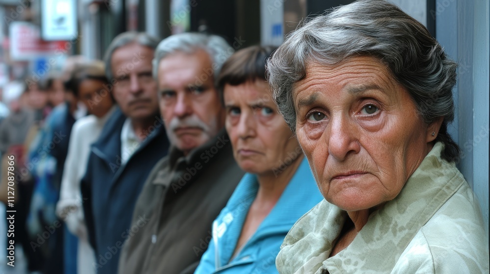 Line of people outside unemployment office, reflecting the challenges and resilience of individuals facing economic hardship, community solidarity in uncertain times. Line of people outside unemployment office, reflecting the challenges and resilience of individuals facing economic hardship, community solidarity in uncertain times.