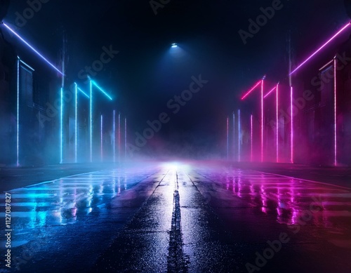 Dark, abstract background of a wet street, neon lights, smoky atmosphere, and a futuristic performance stage feel.
