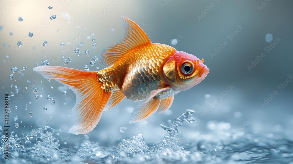 Goldfish jumps out of water into an empty fishbowl. Generative AI Goldfish jumps out of water into an empty fishbowl. Generative AI