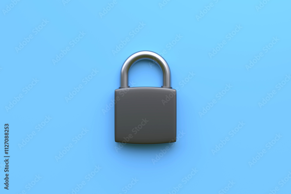 Minimalist black padlock with a metallic shackle placed against a clean light blue background, symbolizing security and protection. 3D render illustration Minimalist black padlock with a metallic shackle placed against a clean light blue background, symbolizing security and protection. 3D render illustration