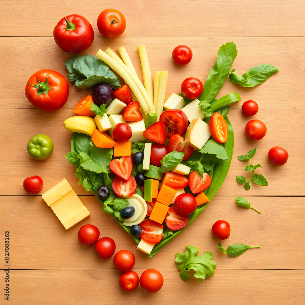 Heart made with vegetables and fruits Healthy food Heart made with vegetables and fruits Healthy food