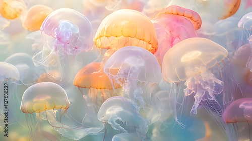 a painting of jellyfish with orange and pink jellyfish. Generative AI