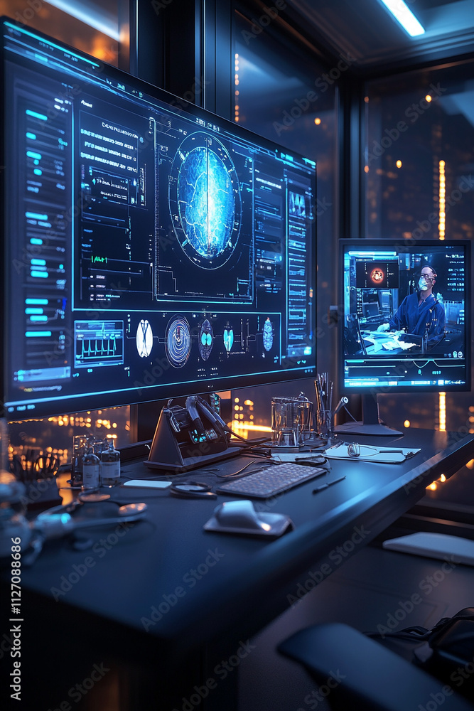 Telemedicine setup with high-definition screens, medical instruments, and a virtual consultation interface Telemedicine setup with high-definition screens, medical instruments, and a virtual consultation interface