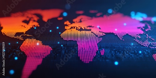 A vibrant digital world map with colorful gradients and dotted patterns, symbolizing global connectivity and technology.