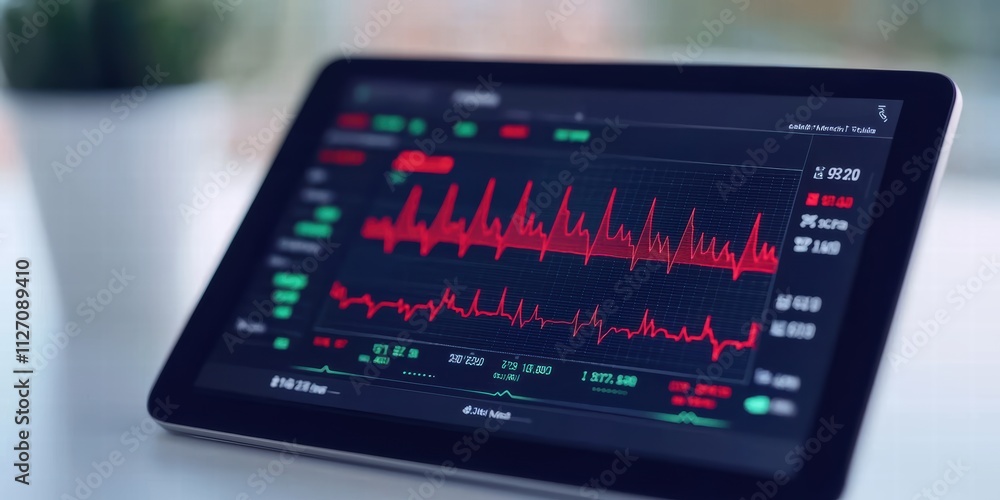 A tablet displaying a financial chart with red and green data points, illustrating market trends and fluctuations. A tablet displaying a financial chart with red and green data points, illustrating market trends and fluctuations.