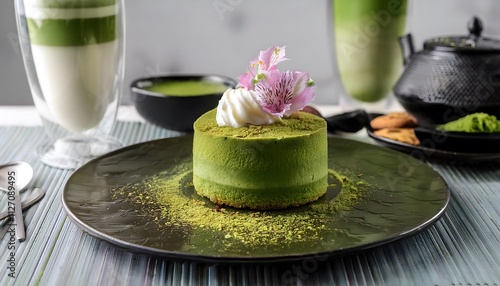 A matcha dessert plate featuring a green tea cake, matcha ice cream, and a delicate matcha latte, garnished with edible flowers