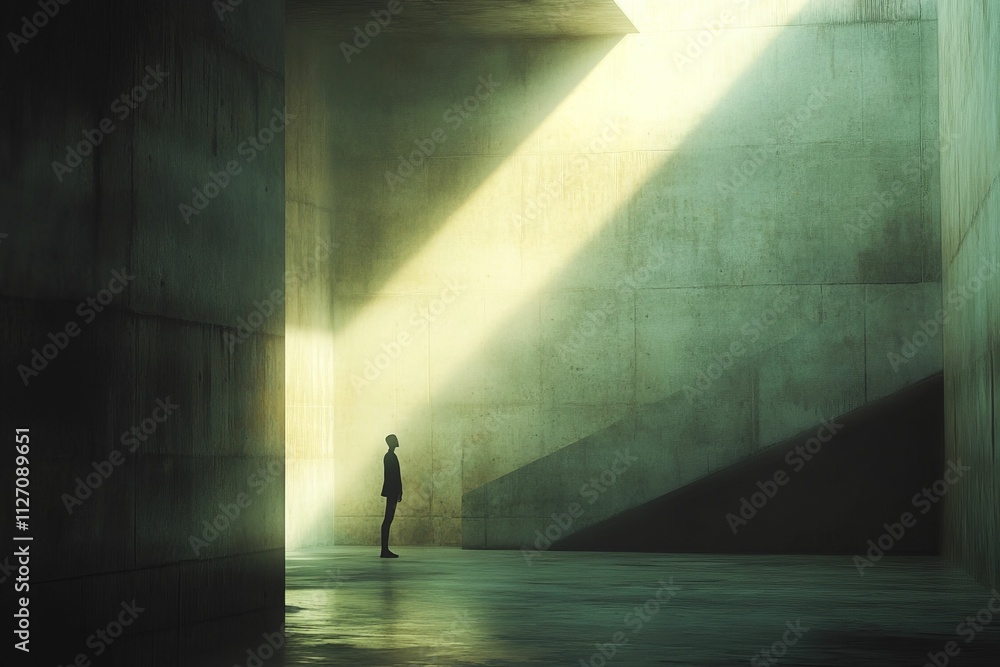 Silhouette stands, sunlit concrete structure, somber mood. Silhouette stands, sunlit concrete structure, somber mood.
