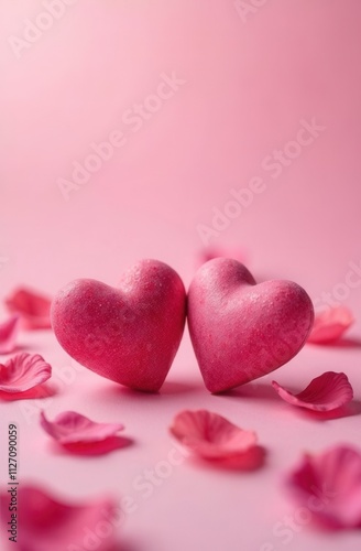 two pink hearts with pink rose petals on a pink background