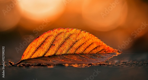 Close-Up of Fallen Leaf: Intricate Vein Patterns and Vibrant Autumn Colors with Orange Bokeh photo