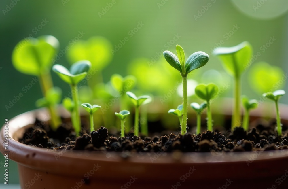 A collection of several small plants thriving and growing out of a pot A collection of several small plants thriving and growing out of a pot