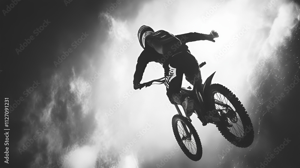 silhouette of a person riding a bike, bicycle with acrobatic maneuver skills in the sky silhouette of a person riding a bike, bicycle with acrobatic maneuver skills in the sky