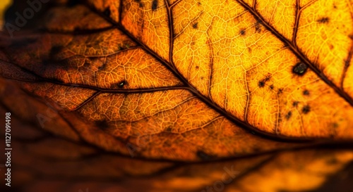 Close-Up of Fallen Leaf: Intricate Vein Patterns and Vibrant Autumn Colors with Orange Bokeh photo