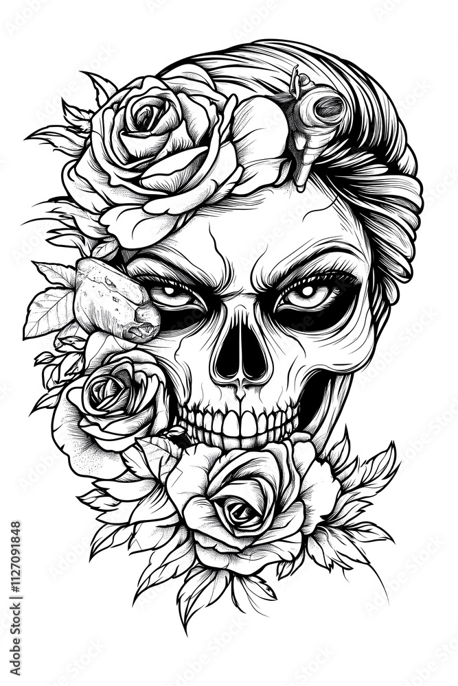Fototapeta premium A skull with roses and leaves surrounding it. The skull has a menacing look and the roses and leaves add a touch of beauty to the overall design