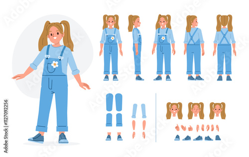 Little girl character constructor for animation. Front, side and back view set. Body parts, postures, poses collection. Vector illustration.