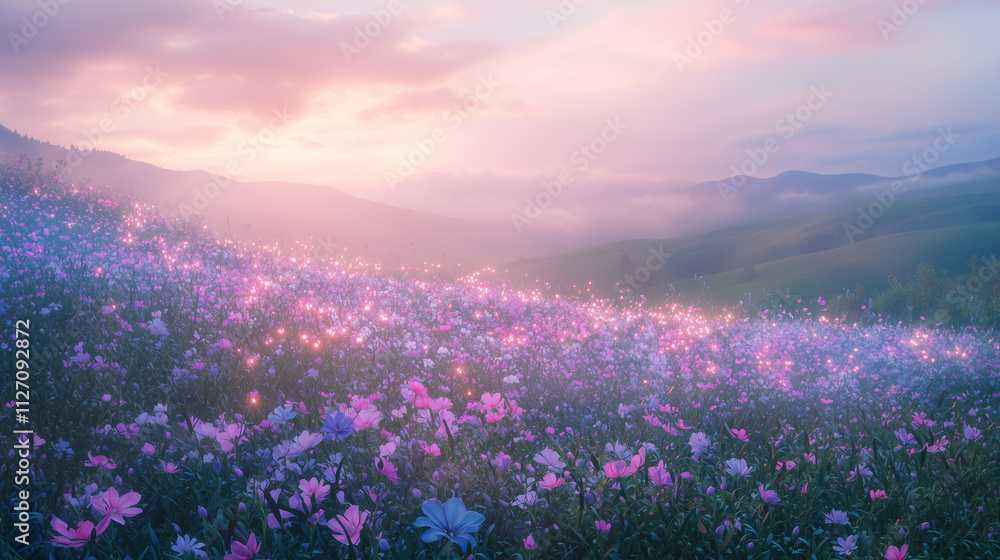 Obraz premium Dreamy meadow with glowing flowers, soft pastel colors, ethereal light, and a tranquil ambiance, under a twilight sky.