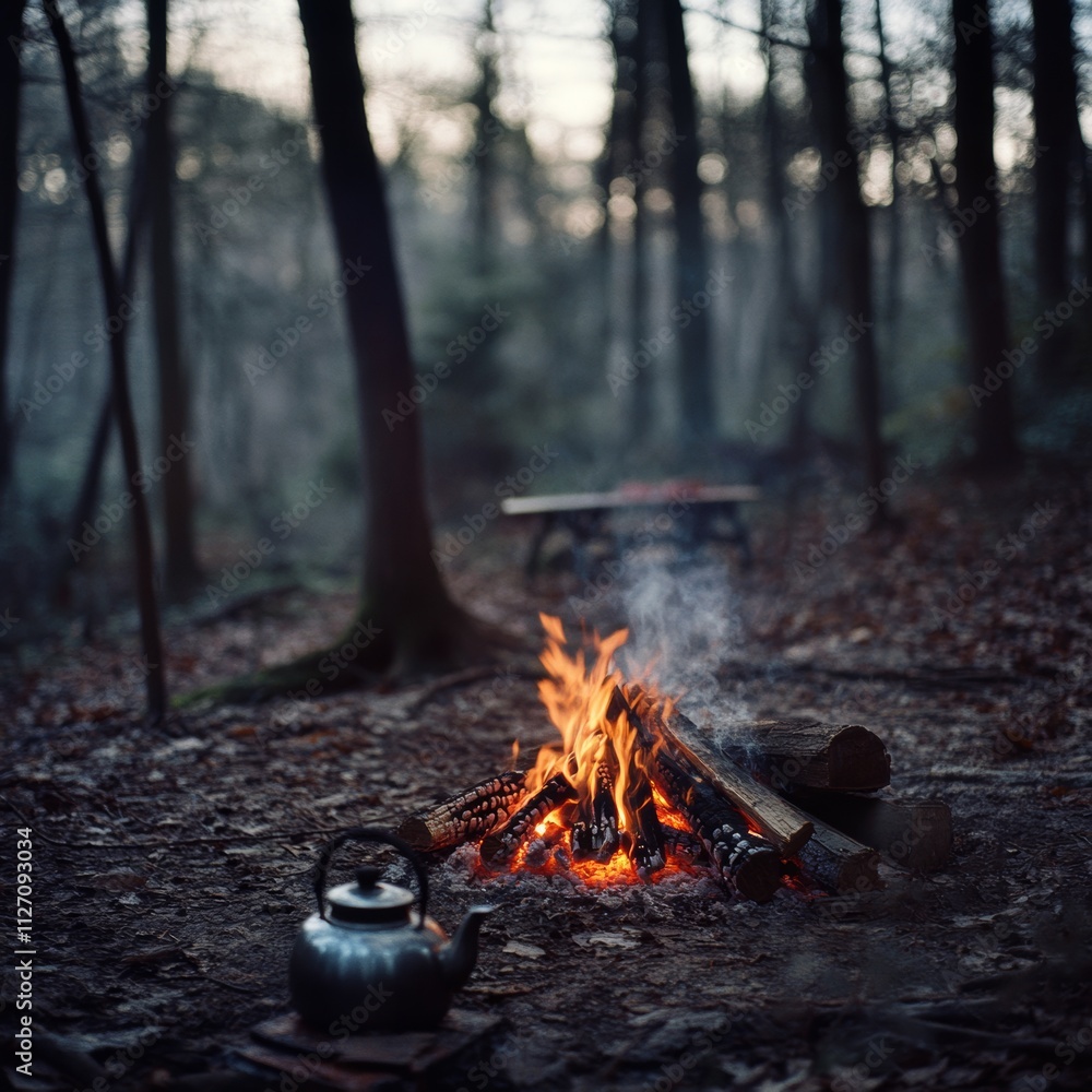 Tranquil Evening Scene with Campfire in Forest Setting