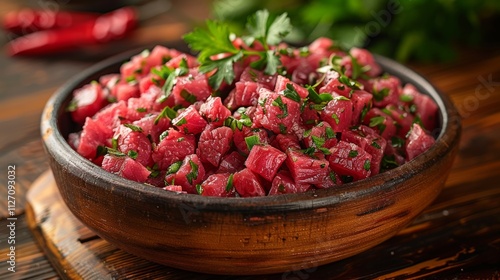 Close-up of a Delicious Beef Cubes with Fresh Herbs and Spices before cooking in a Rustic Wooden Bowl. photo