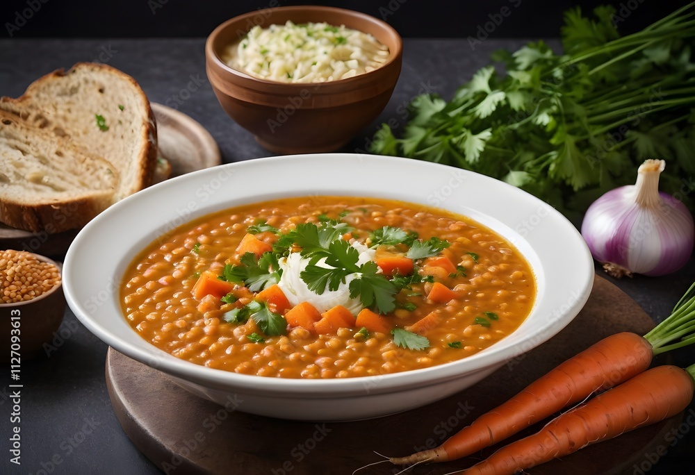 Carrot and lentil soup served in a bowl, topped with fresh parsley and onions, highlighting a nutritious meal, ai Carrot and lentil soup served in a bowl, topped with fresh parsley and onions, highlighting a nutritious meal, ai