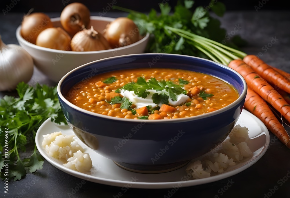 Carrot and lentil soup served in a bowl, topped with fresh parsley and onions, highlighting a nutritious meal, ai Carrot and lentil soup served in a bowl, topped with fresh parsley and onions, highlighting a nutritious meal, ai