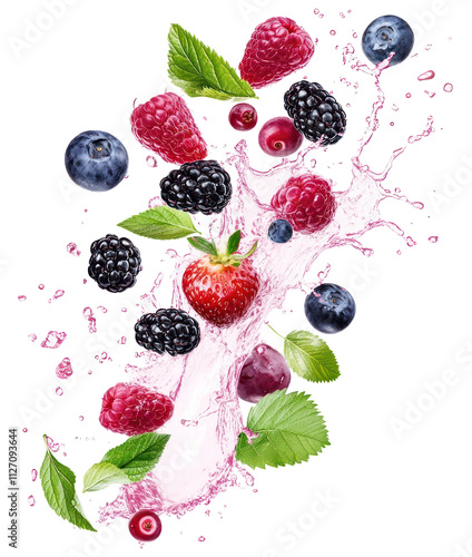 PNG Berries flying in the air with pink water splash berry blackberry blueberry. photo